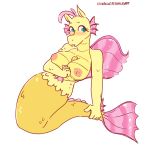  2020 alternate_species anthro blush breasts female fin fluttershy_(mlp) friendship_is_magic full-length_portrait hasbro hi_res marine my_little_pony nipples non-mammal_breasts nude portrait rainbowsprinklesart scales scalie simple_background siren solo tail_fin white_background yellow_body yellow_scales 