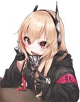  1girl applepie_(12711019) armband black_jacket fangs girls_frontline gloves headgear highres jacket light_brown_hair long_hair looking_at_viewer m4_sopmod_ii_(girls_frontline) mechanical_hand multicolored_hair open_mouth red_eyes red_hair scarf simple_background single_glove solo streaked_hair two-tone_hair v white_background 