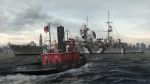  aircraft american_flag boat camouflage cityscape day heavy_cruiser highres imperial_german_flag kriegsmarine mast military military_vehicle no_humans original outdoors prinz_eugen_(cruiser) scenery seo_tatsuya ship smoke smokestack tugboat turret warship water watercraft 