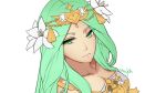 artist_name breasts cleavage collarbone eyebrows_visible_through_hair fire_emblem flower green_eyes green_hair hair_flower hair_ornament rhea_(fire_emblem) shirt signature simple_background streyah white_background white_shirt 