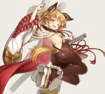  1girl animal_ears ass back bangs bare_shoulders blonde_hair blush braid breasts brown_legwear dog_ears dog_girl dog_tail erune fuyu_no_kareha granblue_fantasy katana legs long_sleeves looking_at_viewer looking_back one_eye_closed open_mouth pantyhose platform_footwear rope sash short_hair side_braid sideboob single_braid small_breasts smile sword tail vajra_(granblue_fantasy) weapon wide_sleeves yellow_eyes 