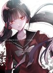  1girl artist_name bangs black_hair blunt_bangs collarbone commentary_request danganronpa eyebrows_visible_through_hair floating_hair hair_ornament harukawa_maki long_hair long_sleeves looking_at_viewer low_twintails mole mole_under_eye new_danganronpa_v3 red_eyes red_scrunchie sailor_collar school_uniform scrunchie serafuku shirt simple_background solo translation_request twintails upper_body very_long_hair white_background z-epto_(chat-noir86) 