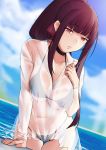  1girl arm_support bikini breasts bushidokuroi choker cloud collarbone dutch_angle eyebrows_visible_through_hair girls_frontline hair_ribbon halterneck hand_on_own_chest highres large_breasts long_hair navel parted_lips ponytail red_eyes ribbon see-through sky solo swimsuit thigh_gap wa2000_(girls_frontline) water 