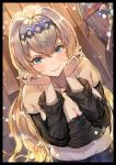  1girl absurdres bangs bare_shoulders black_shirt blonde_hair blue_eyes blue_pants blush breasts cleavage closed_mouth collarbone diadem granblue_fantasy highres huge_filesize jeanne_d&#039;arc_(granblue_fantasy) jewelry large_breasts long_hair long_sleeves looking_at_viewer midriff navel necklace occa-key off-shoulder_shirt off_shoulder pants pendant ring shirt smile 