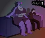  anthro between_breasts big_breasts breasts claws clothing darkdraketom dragon duo female food furniture hand_holding human larger_female long_tail male mammal mask non-mammal_breasts popcorn scalie sharp_claws shirt sitting size_difference smaller_male sofa taller_female thick_thighs tight_clothing tight_shirt tight_topwear topwear 