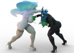  3d_(artwork) alpha_channel anthro arthropod big_breasts bodily_fluids boxing_gloves breasts butt changeling clothing digital_media_(artwork) duo equid equine female footwear friendship_is_magic handwear hasbro hellbridge hi_res high_heels horn lactating mammal mostly_nude my_little_pony princess_celestia_(mlp) punch queen_chrysalis_(mlp) shoes unicorn 