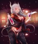  1girl absurdres aden_07 bangs belt between_breasts black_pants blurry_foreground blush bottle breasts brown_belt commentary_request cup demon_girl demon_horns demon_tail drinking_glass fangs grey_hair heart helltaker highres holding holding_bottle holding_cup horns long_hair looking_at_viewer lucifer_(helltaker) medium_breasts mole mole_under_eye open_mouth open_pants panties pants pussy_juice red_eyes red_neckwear red_shirt saliva shirt side-tie_panties silver_hair smile solo tail underwear white_hair white_horns wine_glass 