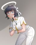  1girl angel azazel_(helltaker) bangs bent_over black_hair blue_eyes blush breasts commentary eyebrows_visible_through_hair gloves grey_background hair_ribbon halo helltaker highres large_breasts looking_at_viewer pants ribbon s-goon shirt short_hair short_sleeves simple_background smile uniform white_gloves white_ribbon white_shirt 