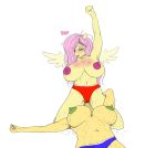  anthro areola big_breasts bodily_fluids breasts clothed clothing duo equid equine facesitting fan_character female female/female fluttershy_(mlp) friendship_is_magic hellbridge huge_breasts lactating mammal milky_way_(character) my_little_pony nipples pegasus simple_background sweat topless white_background wings 