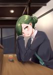  1girl absurdres akinoji_(akiponpon27) alcohol blush brown_eyes cup drinking_glass elbows_on_table green_hair hair_bun highres idolmaster idolmaster_shiny_colors indoors long_sleeves nanakusa_hazuki office_lady short_hair shot_glass sitting solo 