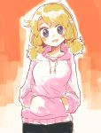  1girl alternate_costume blonde_hair blue_eyes blush calenda_(kemono_friends) casual collarbone cowboy_shot drawstring eyebrows_visible_through_hair hair_tie hands_in_pockets hasu_(zatsugami) highres hood hood_down hoodie kemono_friends kemono_friends_3 long_sleeves pink_hoodie short_hair solo 