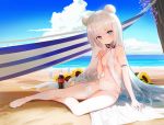  +_+ 1girl :o absurdres arm_garter azur_lane bangs bare_legs bare_shoulders barefoot beach beach_towel bikini blue_eyes blue_sky breasts cleavage cloud cola day double_bun drinking_straw eyebrows_visible_through_hair flower full_body glass_bottle hammock hand_on_own_chest headphones headphones_around_neck highres le_malin_(azur_lane) leiq long_hair looking_at_viewer ocean on_ground outdoors parted_lips sand silver_hair sitting sky small_breasts solo sunflower surfboard swimsuit thigh_strap towel very_long_hair white_bikini yellow_flower 