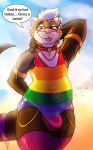  beach bulge clothing collar domestic_ferret ferrettre hi_res lgbt_pride male male/male mammal milligram_smile mustela mustelid musteline onepiece outside piercing pinup pose rubber seaside solo summer sun swimwear tre 