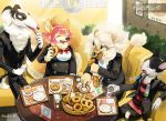  2020 5_fingers anthro beverage chest_tuft clothed clothing coffee cup doughnut eating eyes_closed felid feline female fingers food fully_clothed fur furniture group hair kemono male mammal open_mouth open_smile red_hair sitting smile snout table tongue tongue_out tuft utsuki_maito white_hair 