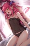  1girl absurdres arm_support asymmetrical_horns backlighting black_camisole black_panties blue_eyes blush breasts camisole collarbone curled_horns curtains dragon_girl dragon_horns dragon_tail dutch_angle elizabeth_bathory_(fate) elizabeth_bathory_(fate)_(all) fate/extra fate/extra_ccc fate/grand_order fate_(series) half-closed_eye highres horns indoors looking_at_viewer maru_(maru1625) navel nipples on_bed one_eye_closed open_mouth panties pink_hair pointy_ears see-through sitting small_breasts solo strap_slip tail two_side_up underwear underwear_only wariza 