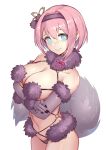  1girl animal_ears bangs bare_shoulders blue_eyes blush bow breast_hold breasts cleavage closed_mouth collarbone commentary_request cosplay dangerous_beast elbow_gloves embarrassed eyebrows_visible_through_hair fur_trim gloves hair_ornament hair_over_one_eye hairband halloween_costume highres large_breasts looking_at_viewer mash_kyrielight mash_kyrielight_(cosplay) navel o-ring pink_hair princess_connect! princess_connect!_re:dive purple_eyes purple_gloves purple_legwear revealing_clothes ribbon short_hair simple_background solo tail thighhighs wavy_mouth white_background wolf_ears wolf_tail you_yi_yisheng_ai yui_(princess_connect!) 