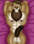  2020 abs anthro balls beard bed belt biceps clothing digital_media_(artwork) erection facial_hair felid feline fur furniture genitals hair hands_behind_back hands_behind_head hi_res humanoid_genitalia humanoid_penis klr-rio la&#039;an lion lying male mammal mane muscular muscular_anthro muscular_male nipples nude on_back pantherine pecs penis robe simple_background solo vein 