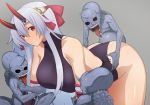  1girl bent_over blush breasts clenched_teeth fate/grand_order fate_(series) grey_background headband horns large_breasts oni oni_horns pononozo rape red_eyes restrained silver_hair sweat teeth tomoe_gozen_(fate/grand_order) tongue tongue_out 