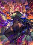 1girl ass aura bangs boots breasts cape commentary_request company_connection company_name copyright_name dark_aura dark_skin dragon earrings fire fire_emblem fire_emblem:_three_houses fire_emblem_cipher hapi_(fire_emblem) jewelry looking_at_viewer looking_back medium_breasts official_art parted_bangs parted_lips pink_eyes pink_hair shiny shiny_hair shiny_skin short_hair solo thigh_boots thighhighs thighs umiu_geso wide_sleeves wyvern 