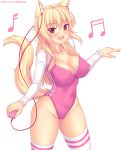  1girl :d animal_ear_fluff animal_ears bangs beamed_sixteenth_notes blonde_hair blush breasts cat_ears cat_girl cat_tail cellphone cleavage commentary covered_navel covered_nipples earbuds earphones eighth_note english_commentary eyebrows_visible_through_hair groin hair_between_eyes highres holding holding_phone leotard long_hair long_sleeves looking_at_viewer medium_breasts musical_note nottytiffy open_mouth original phone pink_leotard red_eyes simple_background slit_pupils smile solo striped striped_legwear tail tail_raised thighhighs tiffy_(nottytiffy) upper_teeth very_long_hair watermark web_address white_background white_legwear 