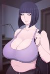  1girl bag belly black_pants boruto:_naruto_next_generations breasts highres huge_breasts hyuuga_hinata lips lunasanguinis mature naruto naruto_(series) naruto_shippuuden navel pants plump purple_tank_top short_hair stairs string tank_top white_eyes yoga_pants 