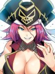  1girl bare_shoulders blue_eyes breasts cleavage facial_scar fate/grand_order fate_(series) francis_drake_(fate) grin hat large_breasts looking_at_viewer pink_hair pirate pirate_hat scar smile solo spiked_hair tsurime upper_body youshuu 
