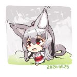  1girl :d animal_ear_fluff animal_ears bangs barefoot blush_stickers chibi commentary_request dated eyebrows_visible_through_hair fox_ears fox_girl fox_tail full_body grey_hair hair_between_eyes high_ponytail highres japanese_clothes kimono long_hair long_sleeves looking_away obi open_mouth original patches ponytail rain running sash smile solo tail very_long_hair white_kimono wide_sleeves yuuji_(yukimimi) 