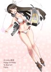  1girl absurdres bikini black_hair breasts english_text full_body hair_ribbon highres hime_cut hiyou_(kantai_collection) holding_scroll kantai_collection large_breasts long_hair magatama minase_(takaoka_nanase) navel onmyouji red_eyes ribbon rigging scroll shikigami side-tie_bikini solo standing swimsuit white_bikini 