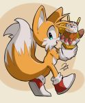  2018 absurd_res anthro blue_eyes canid canine clothing dessert dipstick_tail food footwear fox fur gloves handwear hi_res ice_cream male mammal miles_prower multicolored_tail open_mouth solo sonic_the_hedgehog_(series) sonicaimblu19 video_games walking 