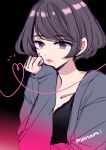  1girl black_hair clenched_hand eyebrows_visible_through_hair grey_jacket hand_on_own_face heart jacket lipstick looking_at_viewer makeup mole mole_under_mouth nightgown open_clothes open_jacket original pink_lips pink_lipstick purple_eyes short_hair signature solo sugano_manami upper_body 