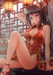  1girl :p animal_ears black_hair blush breasts china_dress chinese_clothes cleavage cleavage_cutout dress high_heels knee_up lamp large_breasts long_hair looking_at_viewer original ponytail red_dress red_eyes side_slit sideboob sitting sleeveless sleeveless_dress solo tail tiger_ears tiger_tail tongue tongue_out youshuu 