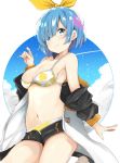  1girl alternate_costume bangs bare_shoulders bikini black_shorts blue_eyes blue_hair blue_sky breasts cleavage closed_mouth collarbone commentary_request eyebrows_visible_through_hair eyes_visible_through_hair hair_ornament hair_over_one_eye hair_ribbon hairclip harusame_(moyuna412) jacket long_sleeves looking_at_viewer medium_breasts navel off_shoulder open_clothes re:zero_kara_hajimeru_isekai_seikatsu rem_(re:zero) ribbon short_hair short_shorts shorts sky smile solo stomach swimsuit white_background x_hair_ornament yellow_bikini yellow_ribbon 