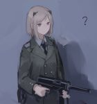  1girl ? black_neckwear blonde_hair collared_shirt girls_frontline green_jacket gun hair_ornament highres holding holding_weapon jacket m3_grease_gun_(girls_frontline) m3_submachine_gun necktie purple_eyes rampart1028 shirt short_hair solo submachine_gun upper_body weapon 