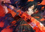  1boy alternate_costume bangs black_hair blood blood_splatter chidoriasunaro close-up eyebrows_visible_through_hair fate/grand_order fate_(series) fighting_stance glowing glowing_eye hair_over_one_eye hat holding holding_weapon japanese_clothes katana koha-ace long_hair long_sleeves looking_at_viewer male_focus okada_izou_(fate) ponytail red_eyes reflection scarf smile sword weapon 