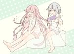  2others barefoot blue_hair blue_shorts closed_eyes commentary drawstring drying drying_hair full_body hair_dryer holding_another&#039;s_hair holding_hair_dryer hooded_shirt long_hair meika_hime meika_mikoto multiple_others open_mouth pink_eyes pink_hair pink_shorts polka_dot polka_dot_background shirt short_sleeves shorts sitting skc smile striped striped_shirt towel towel_around_neck very_long_hair vocaloid 