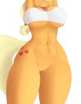  abs anthro applejack_(mlp) bodily_fluids booponies breasts clothing female friendship_is_magic genitals hasbro hi_res lipstick makeup muscular my_little_pony pussy shirt smile solo sweat tank_top topwear under_boob wide_hips 
