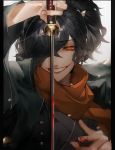  1boy alternate_eye_color bangs black_hair blood blood_from_mouth bloody_hands bloody_weapon blurry blurry_background close-up eyebrows_visible_through_hair fate/grand_order fate_(series) hair_over_one_eye holding holding_weapon japanese_clothes katana kimono koha-ace long_hair looking_at_viewer male_focus okada_izou_(fate) open_mouth orange_eyes ponytail scarf shionogi smile sword upper_body weapon 