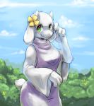  accessory bovid breasts caprine clothing cloud fangs female flower flower_in_hair fur goat green_eyes hair hair_accessory invalid_tag kurogin looking_up mammal nature plant raised_tail shrub sky smile solo toriel undertale video_games white_body white_fur 