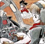  1boy 1girl aircraft airplane airplane_interior bangs black_footwear black_hair blunt_bangs brown_gloves bulma commentary dot_nose dougi dragon_ball dragon_ball_(classic) expressionless eyelashes flying flying_nimbus full_body gloves goggles goggles_on_head headset highres holding holding_weapon lips long_eyelashes looking_at_another looking_back looking_to_the_side messy_hair monkey_tail nyoibo official_art open_mouth parted_lips pilot pilot_chair profile rear-view_mirror sepia shirt sitting sleeves_rolled_up son_gokuu standing straight_hair tail toriyama_akira waistcoat weapon white_shirt 