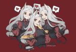  animal_ears cerberus_(helltaker) demon doggirl food gray_hair heart helltaker long_hair lucidsky red red_eyes signed suit tail tie 