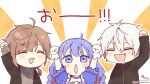  1girl 2boys :d ^_^ ahoge aran_sweater arm_up arms_up bangs black_jacket blue_eyes blue_hair blush braid brown_hair chibi closed_eyes commentary_request eyebrows_visible_through_hair fang gloves grey_sweater hair_between_eyes jacket kanae_(nijisanji) kuzuha_(nijisanji) long_hair multiple_boys nijisanji open_clothes open_jacket open_mouth outline parted_lips puffy_short_sleeves puffy_sleeves short_sleeves signature smile sofra sunburst sunburst_background sweater translation_request turtleneck turtleneck_sweater twin_braids twitter_username upper_body v-shaped_eyebrows virtual_youtuber white_gloves white_hair white_outline yuuki_chihiro 