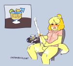  2020 animal_crossing anthro balls big_penis blush bodily_fluids bottomless canid canine canis clothed clothing crossgender cum cum_on_leg cum_on_self cumshot domestic_dog ejaculation english_text erection ftg_crossgender fti_crossgender genital_fluids genitals gynomorph hi_res humanoid_genitalia humanoid_penis intersex isabelle_(animal_crossing) mammal masturbation nintendo penile penile_masturbation penis rainbowsprinklesart shih_tzu shirt solo text topwear toy_dog video_games 