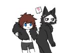  2019 ? anthro black_body black_fur blue_eyes blush bottomwear brown_hair canid canine canis changed_(video_game) clothed clothing duo fchicken fur hair human lin_(changed) male mammal mask puro_(changed) shorts simple_background topless wolf 