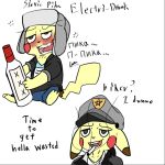  1:1 alcohol beverage blush breadnwine clothed clothing digital_media_(artwork) drunk english_text feral hat headgear headwear male mammal nintendo open_mouth pikachu pok&eacute;mon pok&eacute;mon_(species) simple_background smile solo substance_intoxication text tobacco video_games yellow_body 