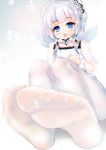  1girl azur_lane blue_eyes coat_dress dress fake_wings feet lace-trimmed_headwear lace_trim legs little_illustrious_(azur_lane) low_twintails no_shoes pantyhose piaroo see-through_sleeves smile soles solo twintails white_dress white_hair white_headwear white_legwear wings younger 