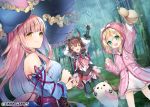  3girls bangs blonde_hair blue_eyes blush brown_hair closed_eyes detached_sleeves dutch_angle fingerless_gloves flower_knight_girl gloves gourd long_hair looking_at_viewer multiple_girls open_mouth outdoors pink_hair rain raincoat sakofu see-through short_hair umbrella yellow_eyes 