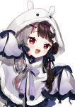  1girl :d animal_ears animal_hood bangs black_bow black_hair blush bow bunny_ears bunny_hood capelet eyebrows_visible_through_hair fake_animal_ears fur-trimmed_capelet fur-trimmed_hood fur_trim grey_capelet grey_hair hair_bow hair_ornament hairclip hands_up hood hood_up hooded_capelet long_sleeves looking_away multicolored_hair nijisanji open_mouth red_eyes red_hair ribbon-trimmed_bow ribbon_trim simple_background sleeves_past_fingers sleeves_past_wrists smile solo star_(symbol) star_hair_ornament streaked_hair two-tone_hair upper_body virtual_youtuber white_background yamabukiiro yorumi_rena 