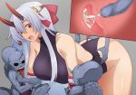  1girl bent_over blush breasts censored cross-section cum ejaculation fate/grand_order fate_(series) grey_background headband horns large_breasts oni oni_horns penis pononozo rape red_eyes restrained silver_hair sweat tomoe_gozen_(fate/grand_order) tongue tongue_out vaginal 