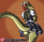  anthro argonian bethesda_softworks blush butt butt_pose clothed clothing feathers female green_body green_skin hi_res horn lifts-her-tail looking_at_viewer looking_back maid_uniform no_underwear pose predaguy scalie solo text the_elder_scrolls uniform url video_games 