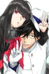  1boy 1girl :0 bangs black_hair couple fate/grand_order fate_(series) gloves hair_over_one_eye hat hetero highres jacket japanese_clothes koha-ace kyo-ani_love long_hair long_sleeves looking_at_viewer on_shoulder one_eye_closed open_mouth oryou_(fate) red_eyes sakamoto_ryouma_(fate) scarf shiny shiny_hair sketch smile sweatdrop type-moon upper_body v very_long_hair white_background white_gloves white_headwear 